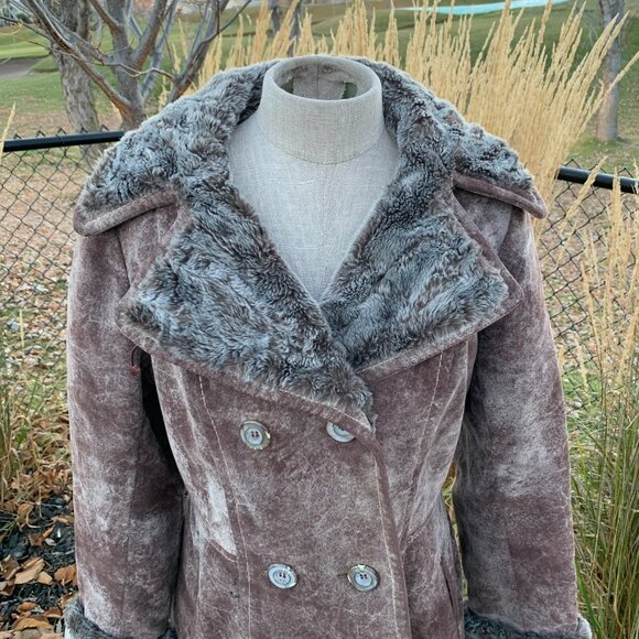 Vintage Penny Lane Pea Coat Faux Suede Fur Trim Double Breasted Overcoat - Picture 2 of 16